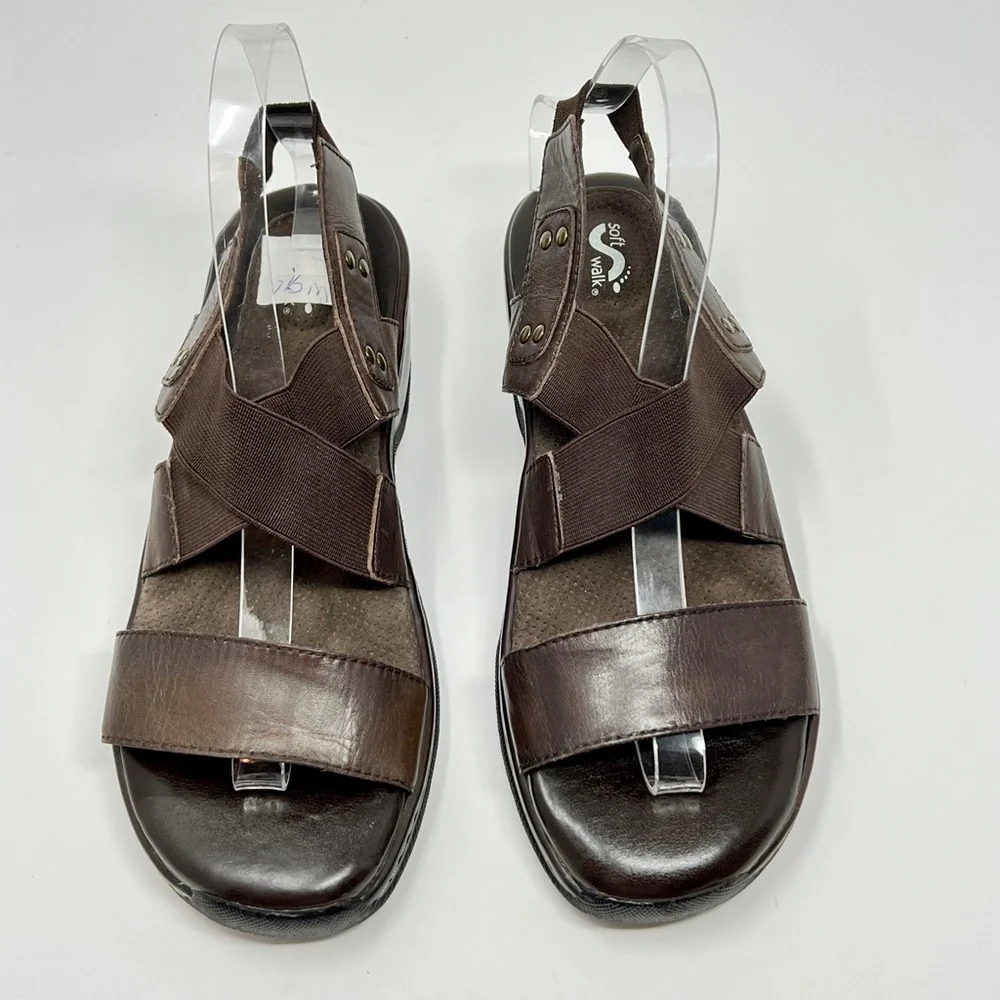 SoftWalk Women's brown leather comfort Strappy low wedge sandals size 7.5